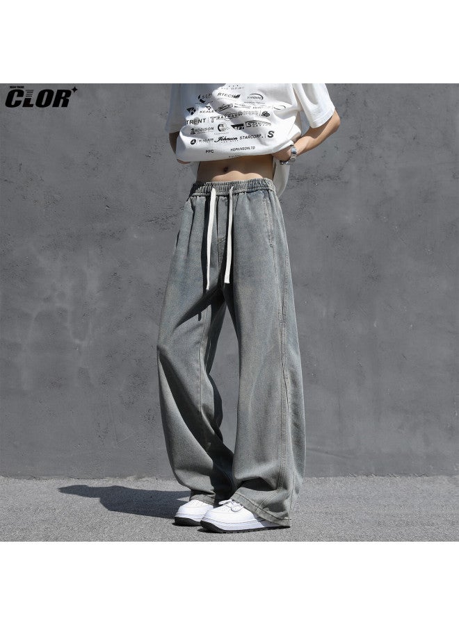 Clor Men's American Style Denim Jeans Spring Summer Loose Curved Wide-leg Vintage Trousers Nz26 Washed Blue L - Image 1