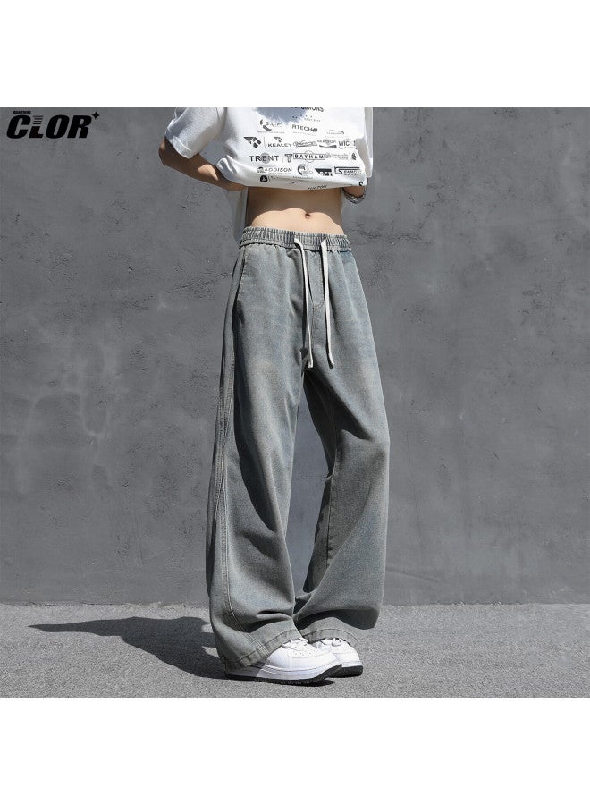 Clor Men's American Style Denim Jeans Spring Summer Loose Curved Wide-leg Vintage Trousers Nz26 Washed Blue L - Image 5