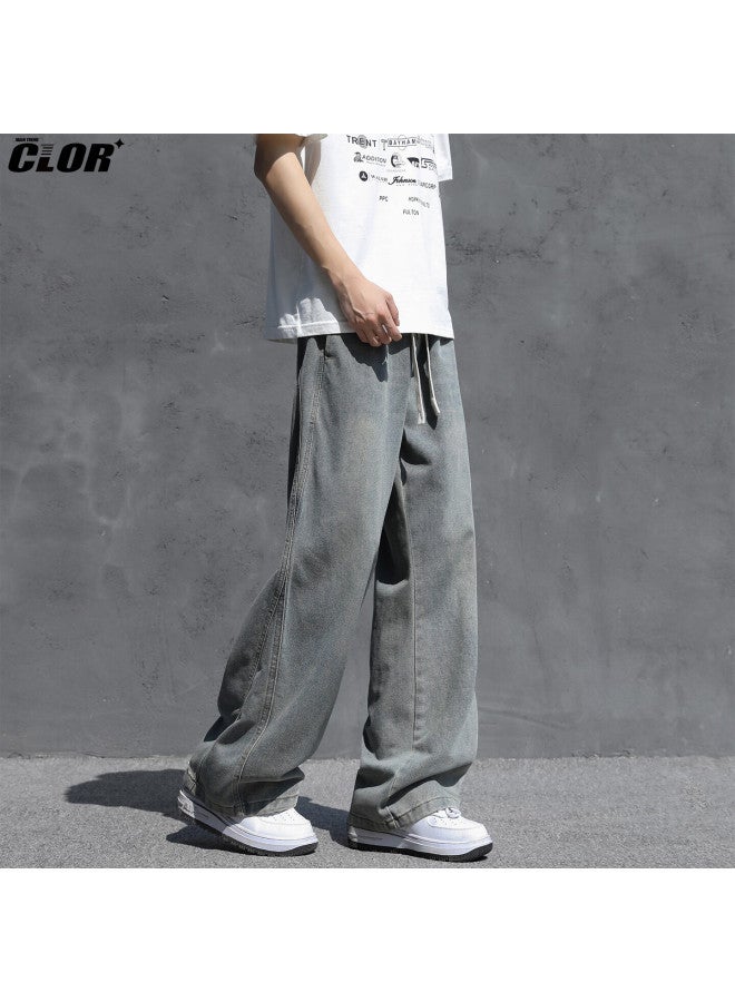 Clor Men's American Style Denim Jeans Spring Summer Loose Curved Wide-leg Vintage Trousers Nz26 Washed Blue L - Image 4