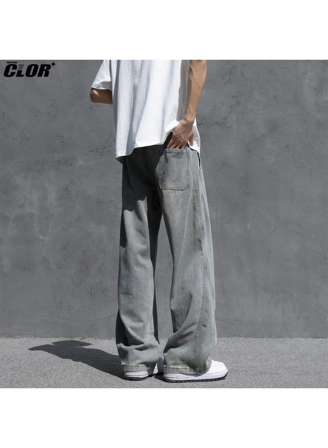 Clor Men's American Style Denim Jeans Spring Summer Loose Curved Wide-leg Vintage Trousers Nz26 Washed Blue L - Image 3