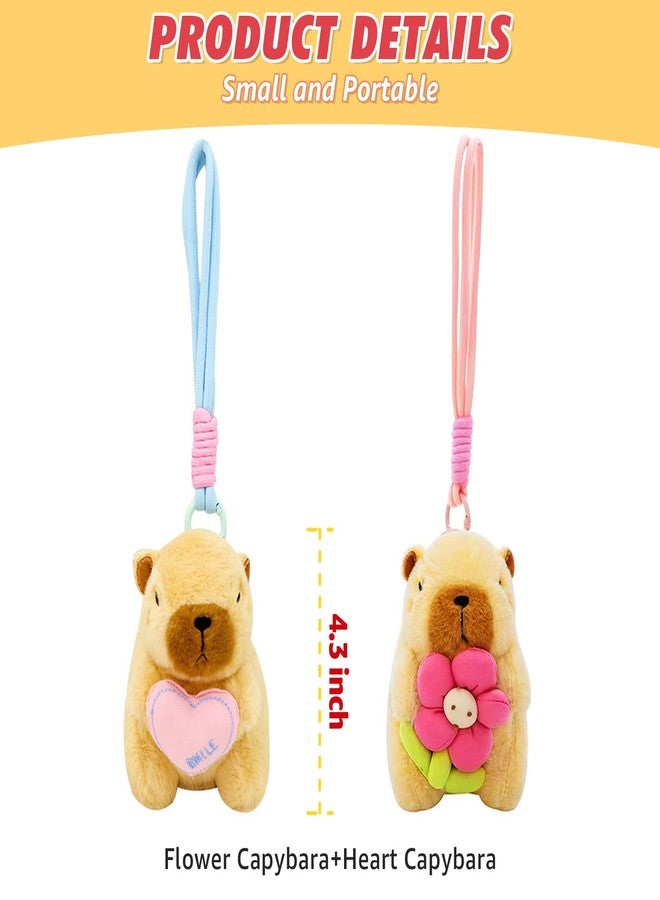 Ditucu 2 Pcs Capybara Plush Keychain Toys Cute Flower Heart Capibara Stuffed Animals Dolls Pendant for Backpack Decoration Gifts for Kids Dark Brown - Image 2