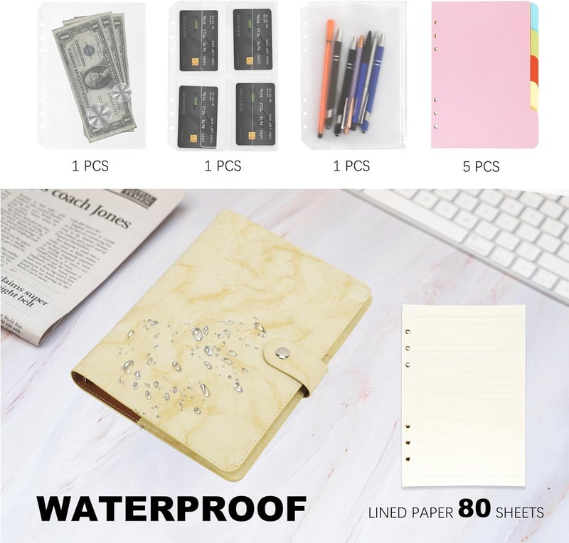 FYY A5 Binder Refillable Planner Notebook 6 Ring PU Leather Binder Journal with Pockets, Dividers, Refill Paper Marble Yellow - Image 4