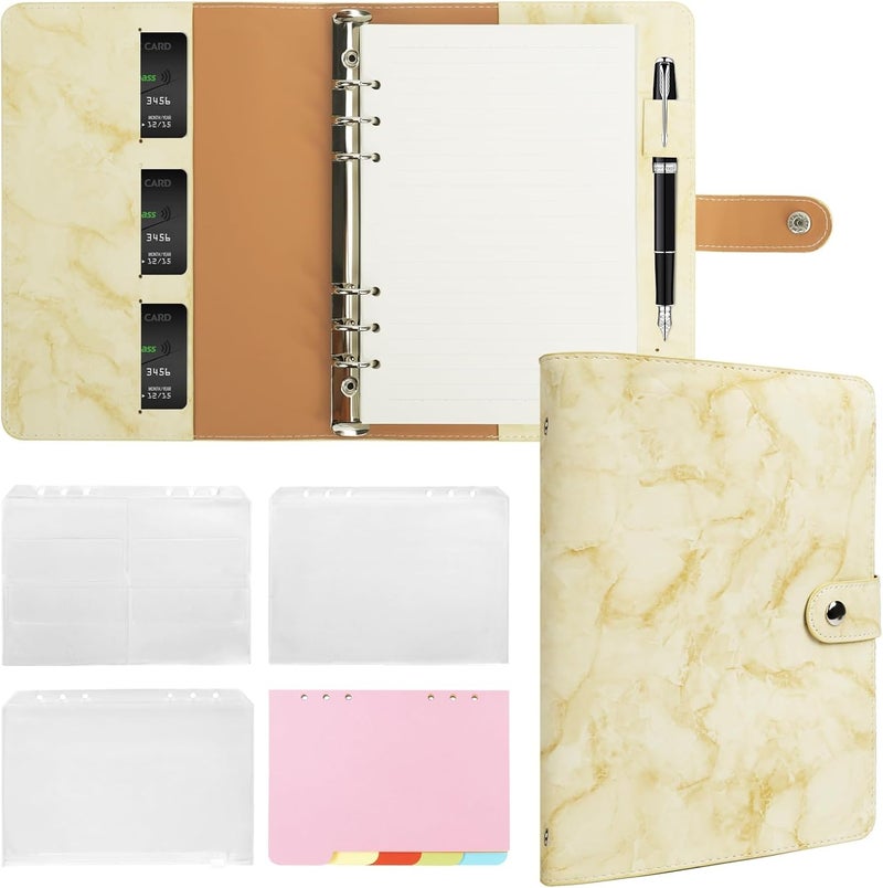 FYY A5 Binder Refillable Planner Notebook 6 Ring PU Leather Binder Journal with Pockets, Dividers, Refill Paper Marble Yellow - Image 1
