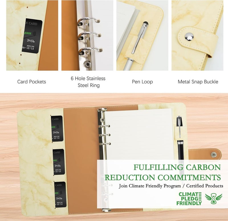FYY A5 Binder Refillable Planner Notebook 6 Ring PU Leather Binder Journal with Pockets, Dividers, Refill Paper Marble Yellow - Image 3
