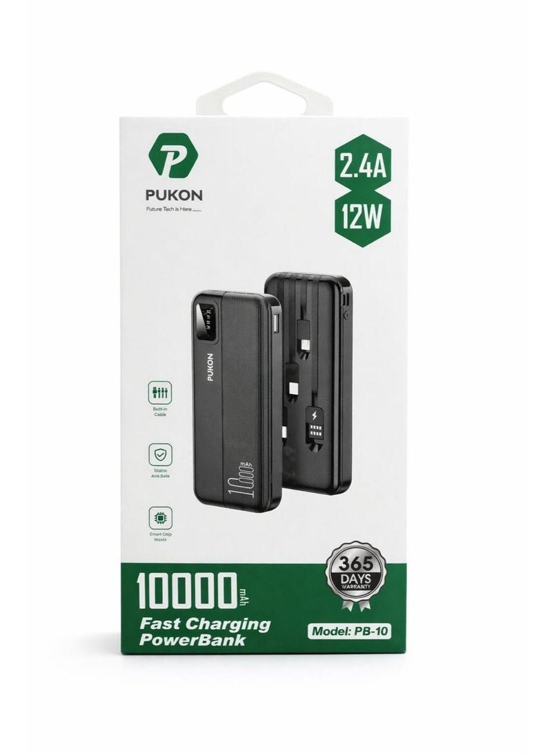PUKON 10000mAh Power Bank With Built-In Lightning Type-C & Micro USB Cables Fast Charging Portable Charger With LED Display & Carry Strap Black 1 Year Warranty - Image 5