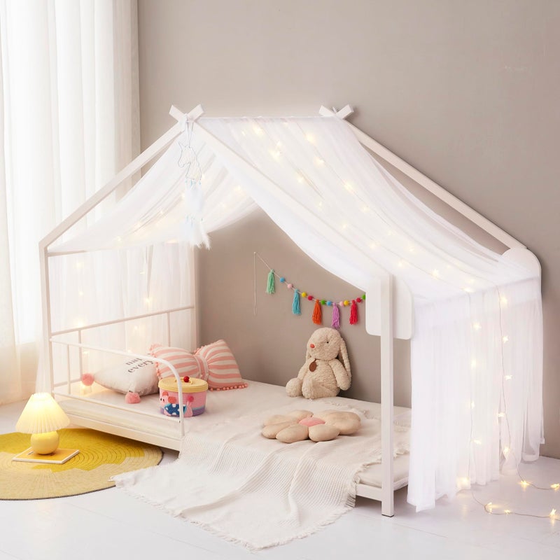 Mengersi Bed Canopy House Canopy Bed Curtains with Lights for Girls Boys,Voile Sheer Window Scarf,Fit for House Metal Floor Twin Full Bed Decorations (White) - Image 1