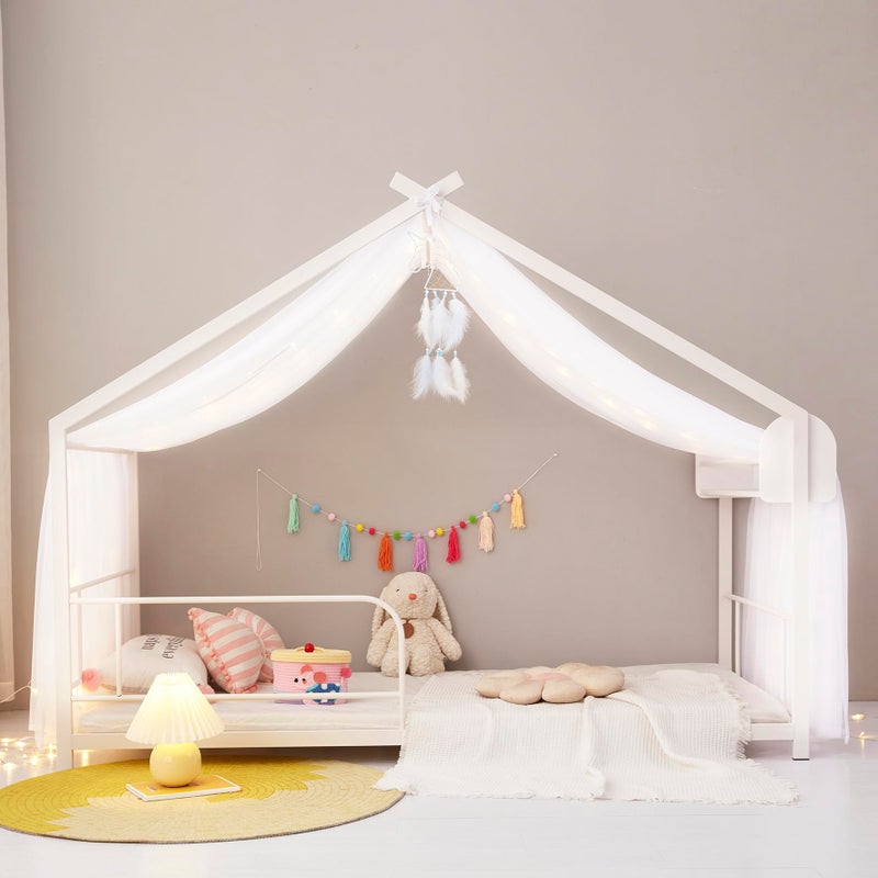 Mengersi Bed Canopy House Canopy Bed Curtains with Lights for Girls Boys,Voile Sheer Window Scarf,Fit for House Metal Floor Twin Full Bed Decorations (White) - Image 4
