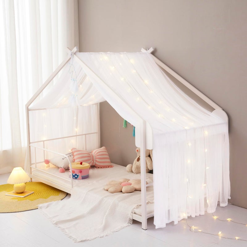 Mengersi Bed Canopy House Canopy Bed Curtains with Lights for Girls Boys,Voile Sheer Window Scarf,Fit for House Metal Floor Twin Full Bed Decorations (White) - Image 2