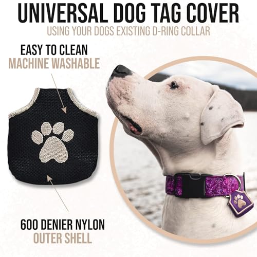 Woofhoof Dog Tag Silencer, Black Pawprint - Quiet Noisy Pet Tags - Fits Up to Four Pet IDs - Dog Tag Cover Protects Metal Pet IDs from Tarnish, Made of Durable Nylon, Universal Fit, Machine Washable - Image 2