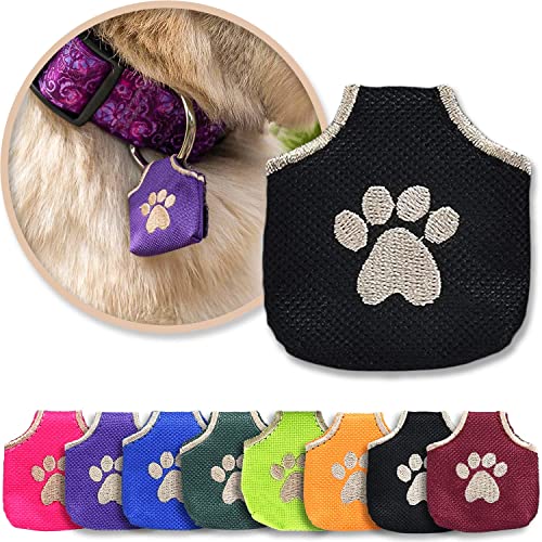 Woofhoof Dog Tag Silencer, Black Pawprint - Quiet Noisy Pet Tags - Fits Up to Four Pet IDs - Dog Tag Cover Protects Metal Pet IDs from Tarnish, Made of Durable Nylon, Universal Fit, Machine Washable - Image 1