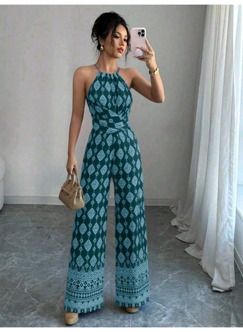 SHEIN Women's Floral Print Waist Crossed Wide Leg Jumpsuit, - Image 1