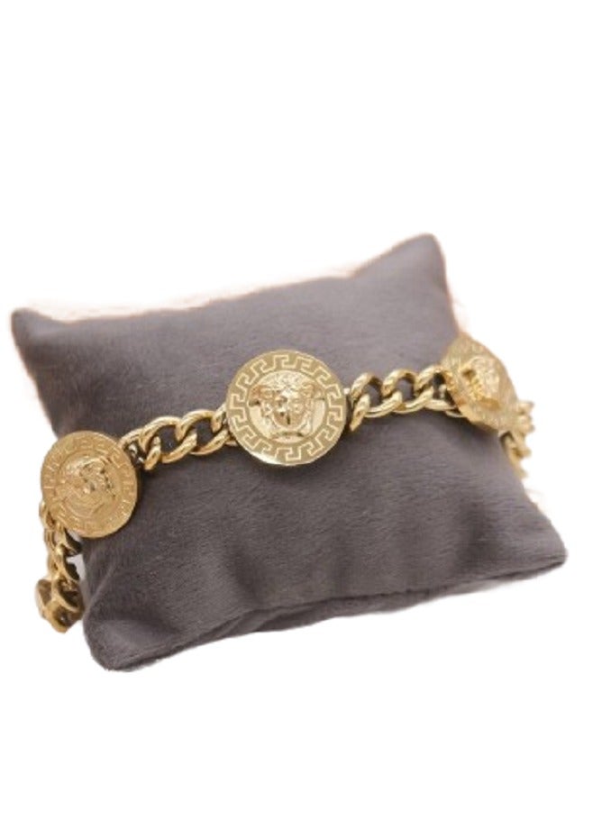 Luxury Greek Design Chain Bracelet, Gold-Tone Stainless Steel, Medallion Links 