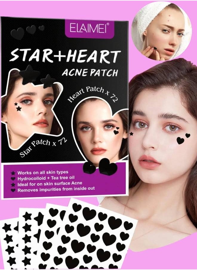 Elaimei 144 Pcs Acne Pimple Patches Star and Heart Shape Acne Patch Treatment with Hydrocolloid and Tea Tree Oil Star Face Pimple Patches Spot Cover Stickers Acne Healing Miracle Patches  - Image 1