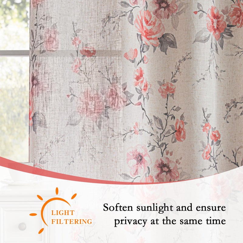 MEETSKY Floral Vintage Curtains 84 Inch Length Drapes with Grommet Top, Semi-Sheer Light Filtering Pink Rose Pattern Drapes for Bedroom Living Room, 2 Panels, Each 52 Inch Wide - Image 3