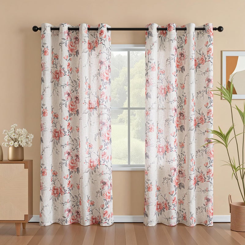 MEETSKY Floral Vintage Curtains 84 Inch Length Drapes with Grommet Top, Semi-Sheer Light Filtering Pink Rose Pattern Drapes for Bedroom Living Room, 2 Panels, Each 52 Inch Wide - Image 1