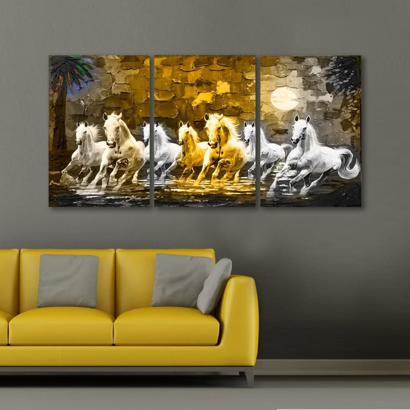 ماركتنا ثلاث لوحات قماشية مودرن بتصميم حصان مع برواز مجوف مقاس (150×70) ثلاث قطع - Image 1