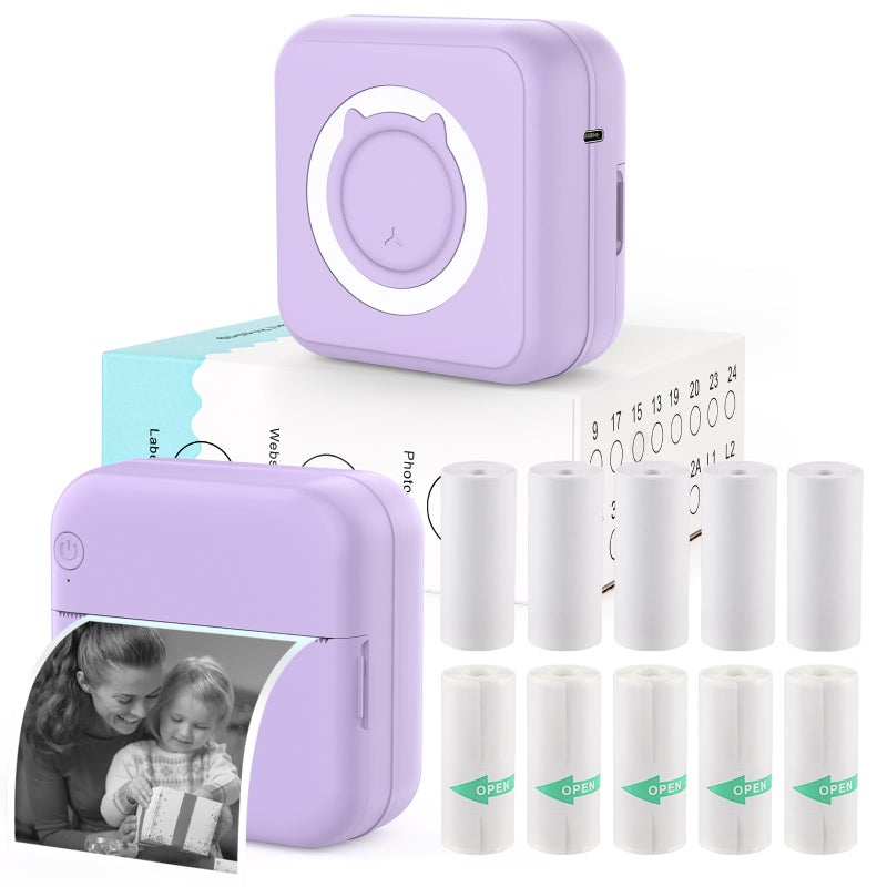 HUIJUTCHEN Mini Photo Printer - Portable Pocket Sticker Printers for iPhone Thermal Printer with 10 Rolls Thermal Paper for Photo, Memo, Journal - Purple - Image 1