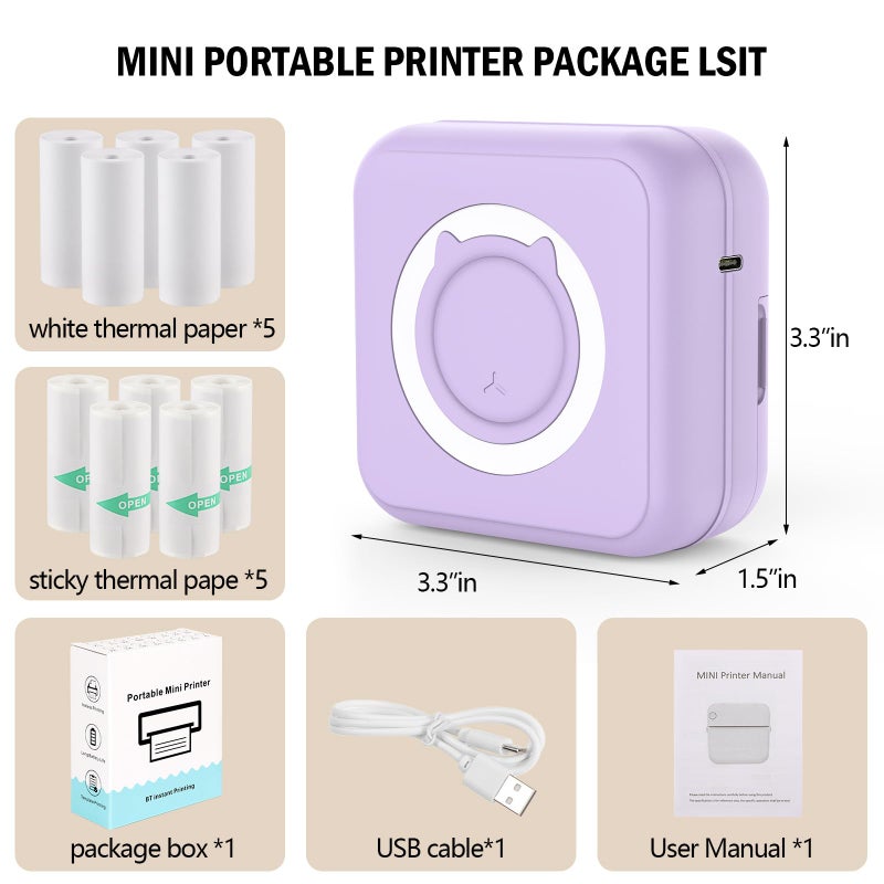 HUIJUTCHEN Mini Photo Printer - Portable Pocket Sticker Printers for iPhone Thermal Printer with 10 Rolls Thermal Paper for Photo, Memo, Journal - Purple - Image 2
