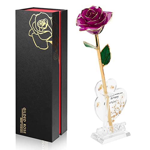 Anthonic Gold Dipped Infinity Rose Last Forever Flower Decor, Birthday Gift for Women in Her Birthday Mothers Day, Resin Preserved Rose | Anniversary Present for Mom (Purple) - Image 1