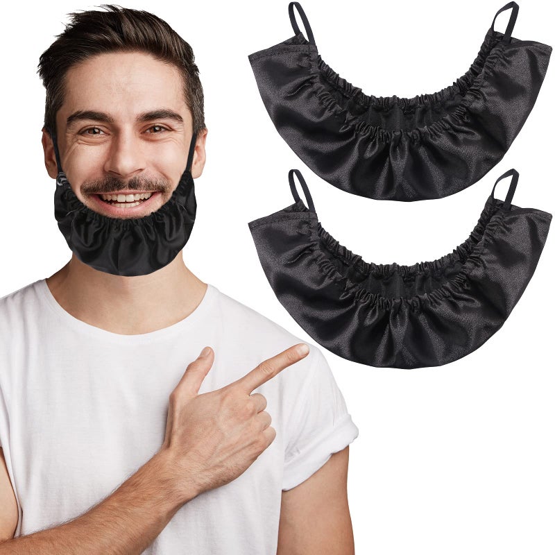 MIKIMIQI Beard Bandana 2 Pack Men Beard Bib Black Beard Covers Soft Comfortable and Silky Satin Facial Hair Apron Guard Bonnet Rag Man Bedtime Bib Beard Cap Ear Beard Bandana