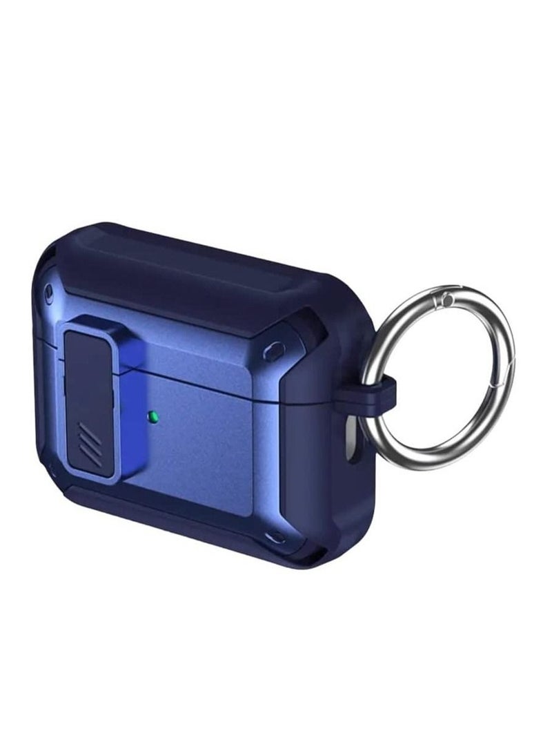Ultra Luxury Defense Armor Protective Case Cover with Lock Compatible for Airpods Pro 2 Military Grade Case with Safety Switch Lock Button and Carabiner Keychain Hook (Blue) 