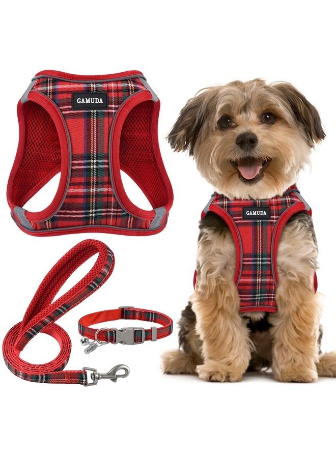 GAMUDA Small Pet Harness Collar and Leash Set, Step in No Chock No Pull Soft Mesh Adjustable Dog Vest Harnesses Plaid Reflective for Dogs Puppy and Cats Outdoor Training and Running (Red, XS) - Image 1