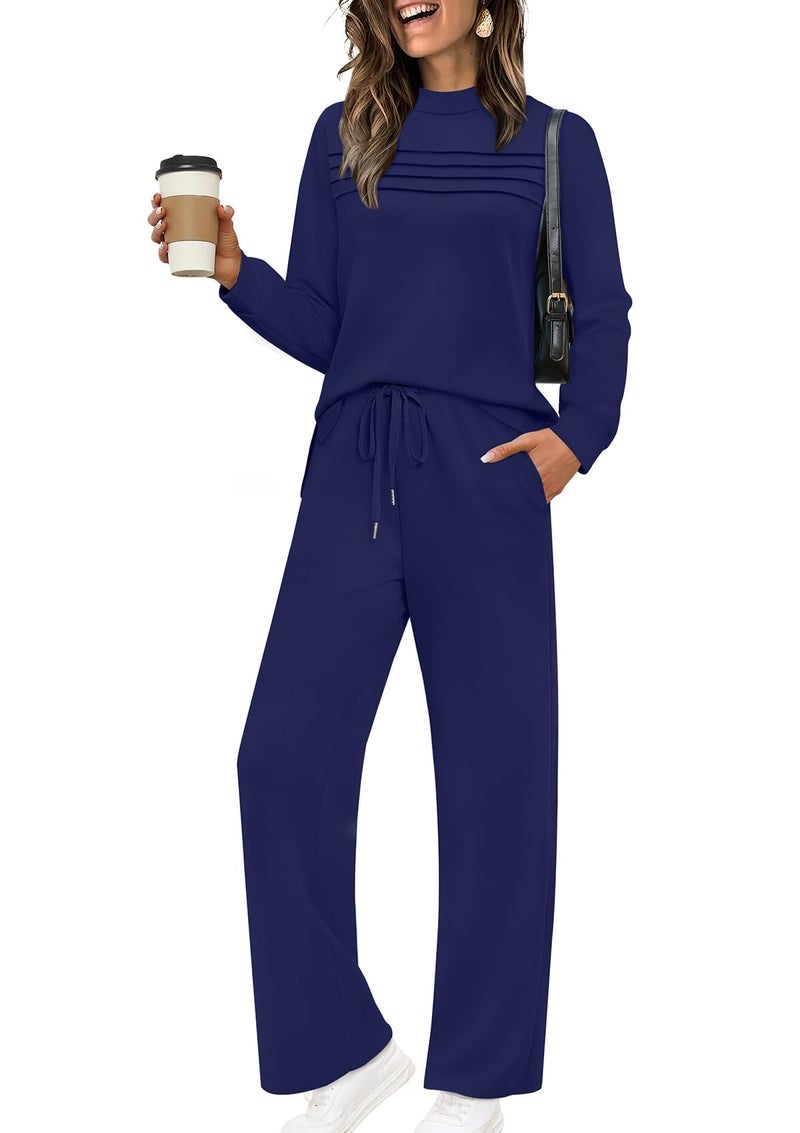 WIHOLL Business Casual Outfits for Women 2 Piece Workout Sets 90s Travel Country Concert Outfits Going Out Fall Winter Tracksuits Seniors Pajamas Clothing Dark Blue XL - Image 1