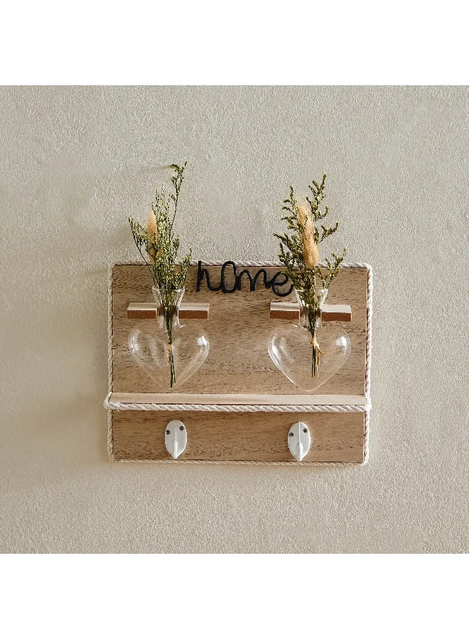 Home Box Wadee Wooden Wall Decor with 2 Glass Vases and Dry Flowers
