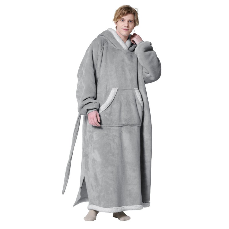 Bedsure Bedsure Oversized Wearable Blanket Hoodie - Long Sherpa Fleece Hooded Blanket for Adult Women Men  Warm Cozy Big Blanket Sweatshirt with Giant Pocket and Belt  Winter Gifts for Men  Oversize  Grey  - Image 1