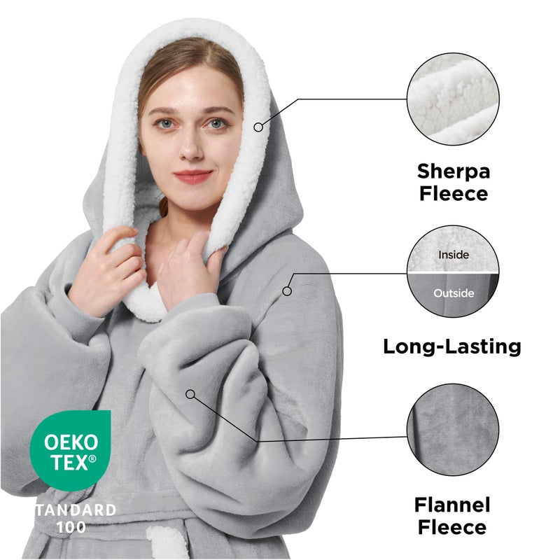 Bedsure Bedsure Oversized Wearable Blanket Hoodie - Long Sherpa Fleece Hooded Blanket for Adult Women Men  Warm Cozy Big Blanket Sweatshirt with Giant Pocket and Belt  Winter Gifts for Men  Oversize  Grey  - Image 2