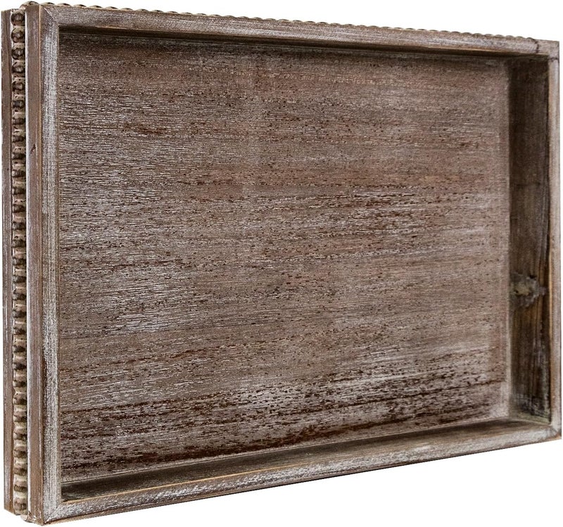 CEDARLUX Wooden Decorative Tray, Rectangular Serving Tray with Wood Bead, Farmhouse Big Tray for Ottoman, Countertop, Coffee Tabl, 16.5" x 13"x 1.6" (Retro Brown) - Image 1