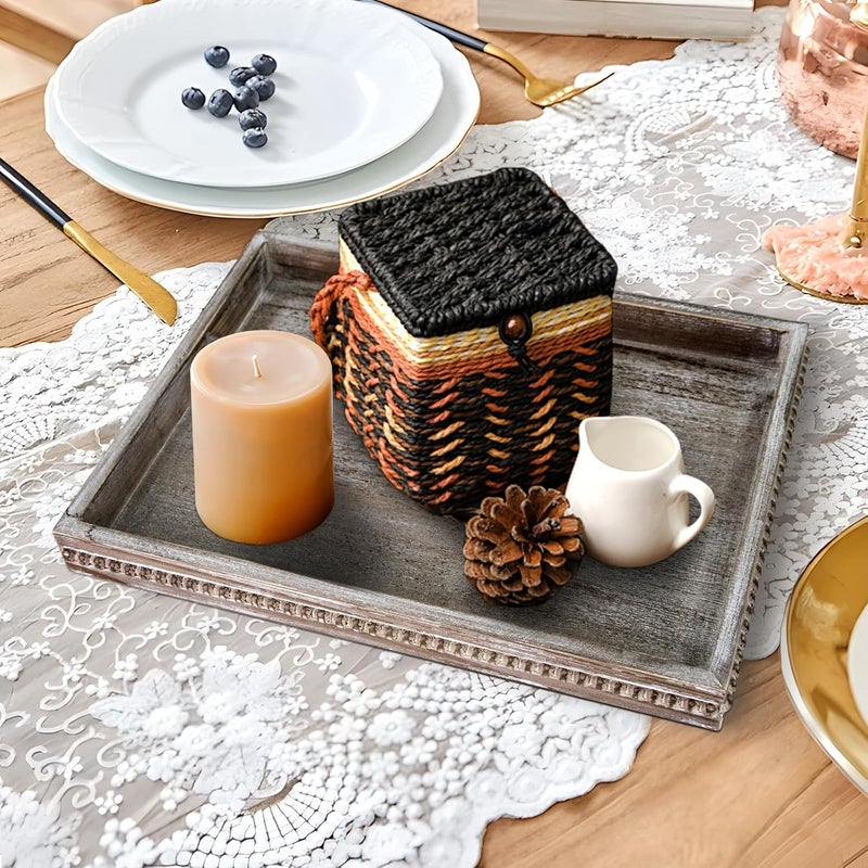 CEDARLUX Wooden Decorative Tray, Rectangular Serving Tray with Wood Bead, Farmhouse Big Tray for Ottoman, Countertop, Coffee Tabl, 16.5" x 13"x 1.6" (Retro Brown) - Image 3