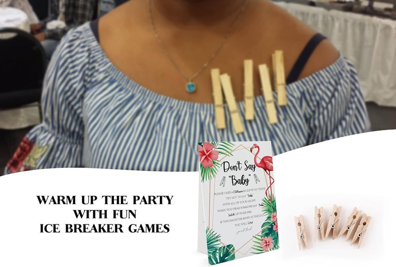 GNATV Floral Flamingo Dont Say Baby Game 1 Sign And 50 Mini Natural ClothespinsDont Say Baby Baby Shower Game Baby Shower Decorations Baby Shower Games Gender Neutral Tropical Baby Shower Game DS16 - Image 3