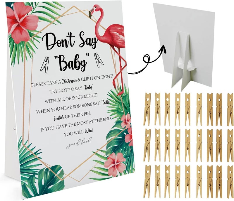 GNATV Floral Flamingo Dont Say Baby Game 1 Sign And 50 Mini Natural ClothespinsDont Say Baby Baby Shower Game Baby Shower Decorations Baby Shower Games Gender Neutral Tropical Baby Shower Game DS16 - Image 1