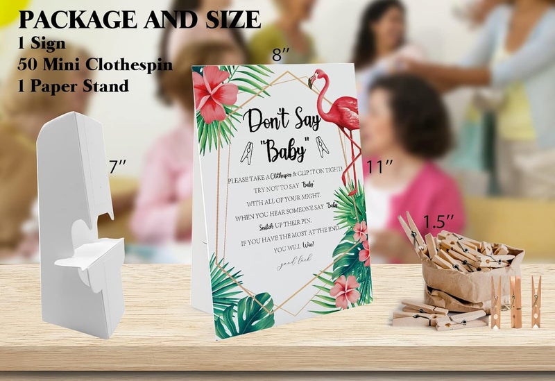 GNATV Floral Flamingo Dont Say Baby Game 1 Sign And 50 Mini Natural ClothespinsDont Say Baby Baby Shower Game Baby Shower Decorations Baby Shower Games Gender Neutral Tropical Baby Shower Game DS16 - Image 2