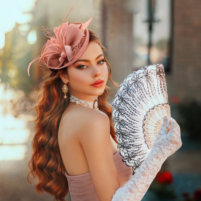 Zinniday Tea Party Derby Hat for Women - Fascinator with Detachable Headband (7.87 â€œx5.9â€ / Head Circumference 21.5â€œ-23.5â€) - Lightweight Feather & Polyester Pink - Image 4