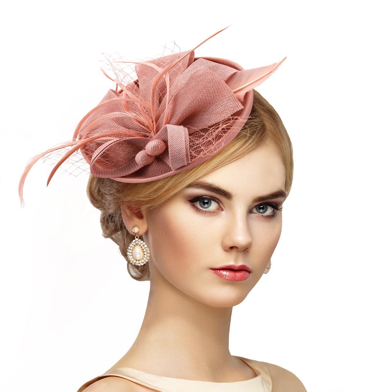 Zinniday Tea Party Derby Hat for Women - Fascinator with Detachable Headband (7.87 â€œx5.9â€ / Head Circumference 21.5â€œ-23.5â€) - Lightweight Feather & Polyester Pink - Image 1