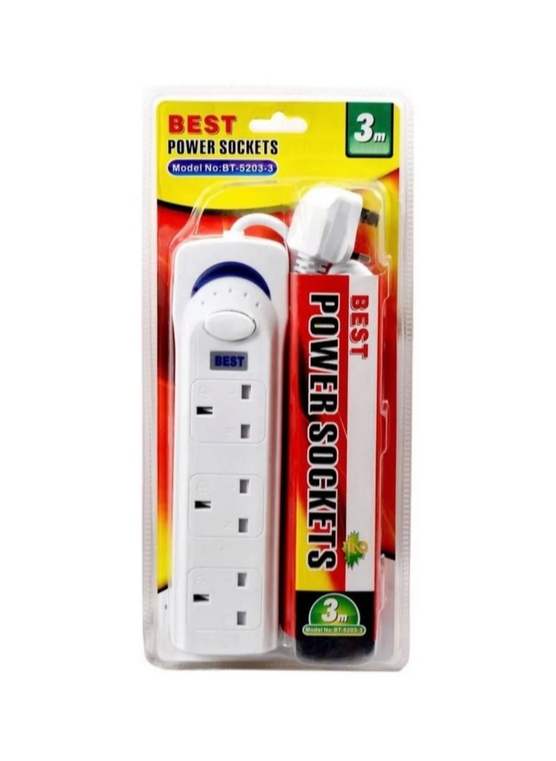 Best - "White 3-Socket Power Strip Extension Cord Set - 3M Extra Long Universal Plug Adapter, Extension Board, and Cable for Home and Office Use" - Image 1
