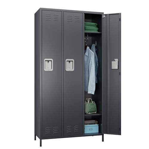خزائن معدنية SUXXAN بـ 3 أبواب للموظفين مع 9 خطافات للمكاتب والمدارس والصالات الرياضية والمنزل - يتطلب التجميع - رمادي داكن