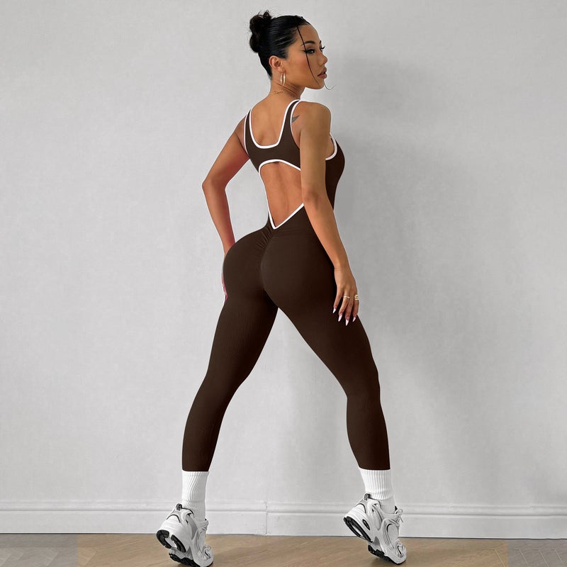 Generic European and American Cross-border Hip-lifting Elastic Sports Yoga Jumpsuit Sleeveless Quick-drying Thread Tight Fitness Jumpsuit Brown 