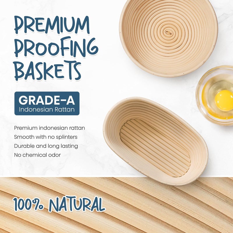 RORECAY Bread Banneton Proofing Basket Set, 9 Inch Round & 10 Inch Oval Cane Sourdough Baskets with Dough Whisk Lame Dough Scraper Bowl Scraper Silicone Brush Sourdough Bread Baking Supplies - Image 2