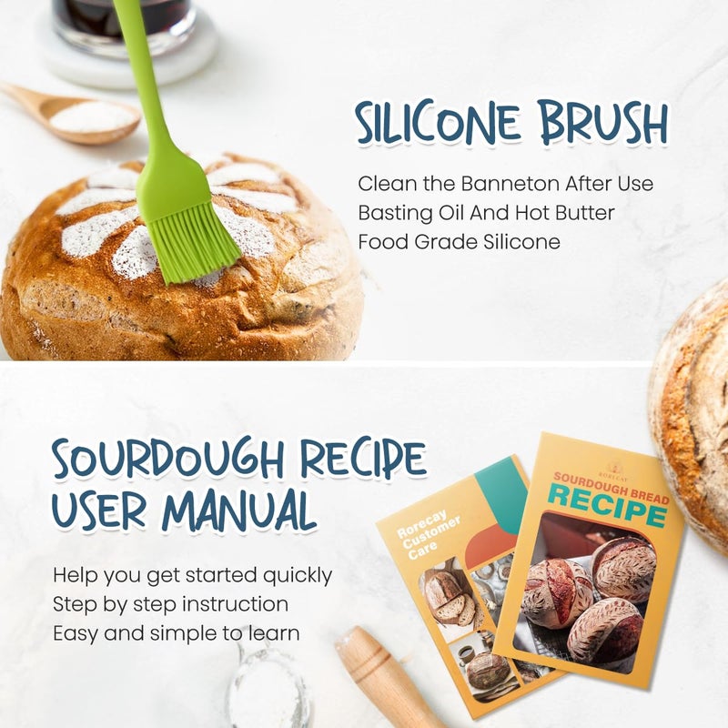 RORECAY Bread Banneton Proofing Basket Set, 9 Inch Round & 10 Inch Oval Cane Sourdough Baskets with Dough Whisk Lame Dough Scraper Bowl Scraper Silicone Brush Sourdough Bread Baking Supplies - Image 3