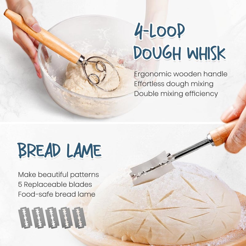 RORECAY Bread Banneton Proofing Basket Set, 9 Inch Round & 10 Inch Oval Cane Sourdough Baskets with Dough Whisk Lame Dough Scraper Bowl Scraper Silicone Brush Sourdough Bread Baking Supplies - Image 4