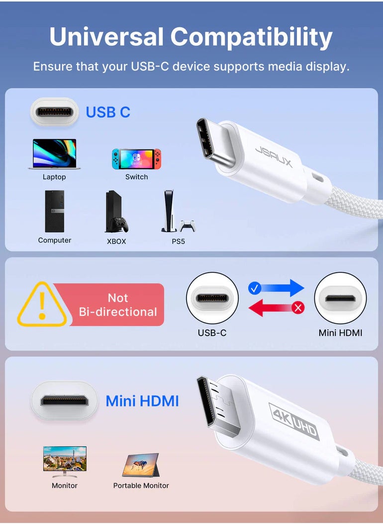 USB-C to Mini HDMI Cable Our Type-C Input supports a wide range of devices including phones, tablets, laptops, iPads, Samsung devices, PS5, Xbox, ROG Ally, Switch, and Steamdeck(3M) white.