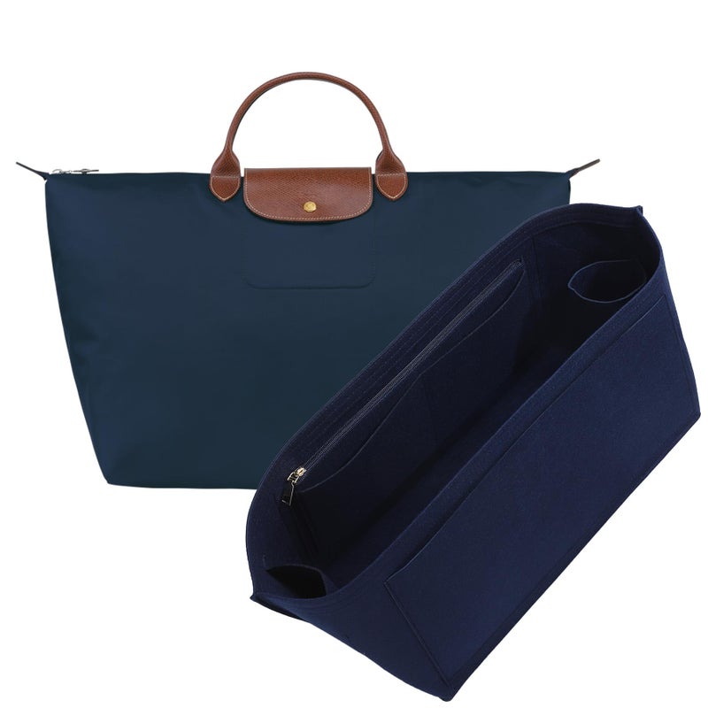 OAikor Purse Organizer Insert for Longchamp Le Pliage L Travel Tote Bag, Felt Lightweight Large Travel Tote Divider Shaper with Cup Holder,Zipper Bags Inner Linner with 9 Deepened Pockets,L/Navy-blue - Image 1