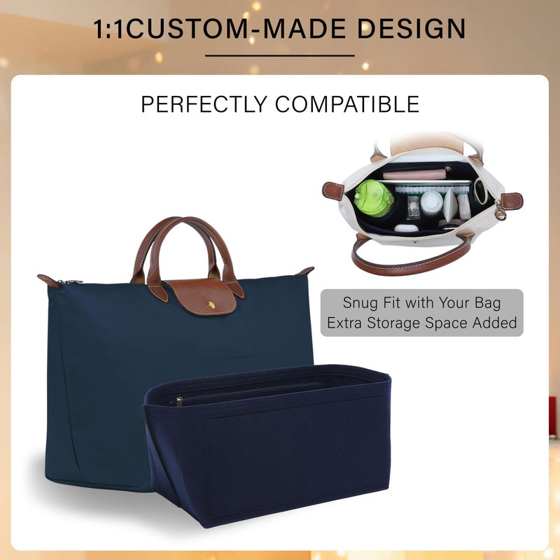 OAikor Purse Organizer Insert for Longchamp Le Pliage L Travel Tote Bag, Felt Lightweight Large Travel Tote Divider Shaper with Cup Holder,Zipper Bags Inner Linner with 9 Deepened Pockets,L/Navy-blue - Image 4