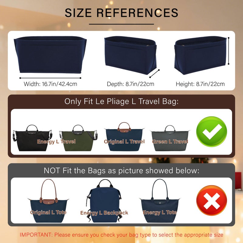 OAikor Purse Organizer Insert for Longchamp Le Pliage L Travel Tote Bag, Felt Lightweight Large Travel Tote Divider Shaper with Cup Holder,Zipper Bags Inner Linner with 9 Deepened Pockets,L/Navy-blue - Image 2