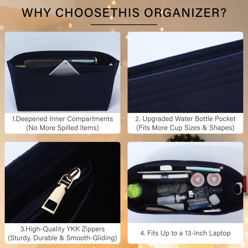 OAikor Purse Organizer Insert for Longchamp Le Pliage L Travel Tote Bag, Felt Lightweight Large Travel Tote Divider Shaper with Cup Holder,Zipper Bags Inner Linner with 9 Deepened Pockets,L/Navy-blue - Image 3