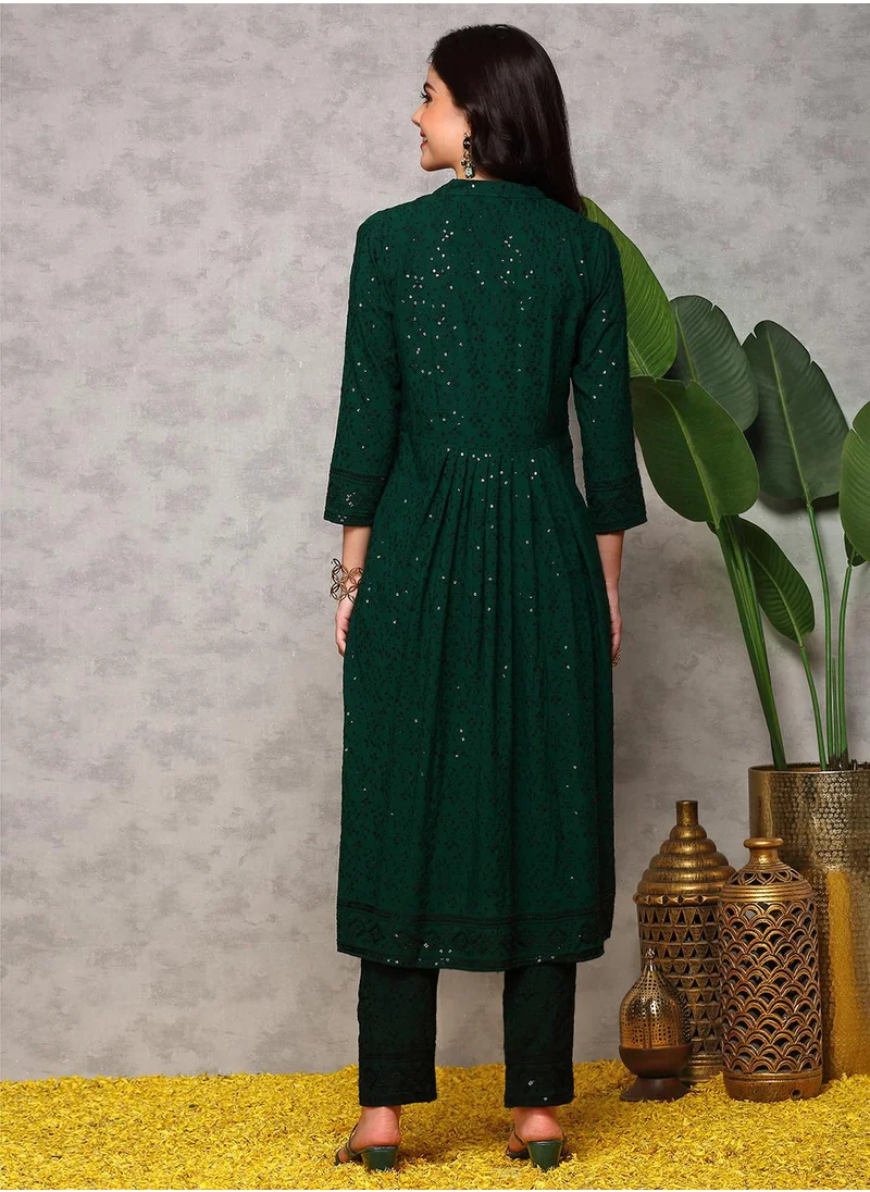 آي شين Embroidered Mandarin Collar Sequins Straight Kurta With Trousers