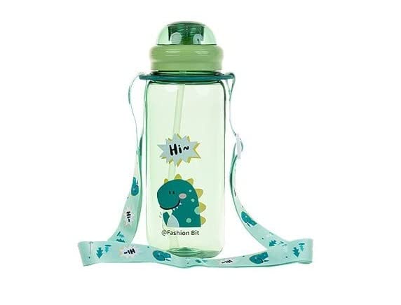 TEMSON Cute Water Bottle for Kids – Cartoon Animal Design Sipper Bottle with Straw and Adjustable Strap Stylish Water Bottle with Sipper, School Water Bottle for Kids – 520 ML(FB-5385) (Green) - Image 1